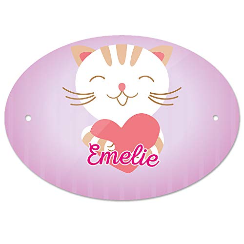 Eurofoto Türschild mit Namen Emelie und Motiv Katze mit Herz | Kinderzimmer-Schild von Eurofoto