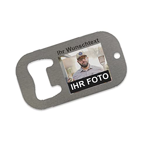 Flaschenöffner aus Edelstahl mit Logo/Bild und Text personalisiert (7 x 3,8cm) | Mit Wunsch-Motiv und Wunsch-Text individuell gestalten von Eurofoto