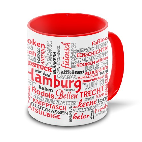 Hamburg-Tasse Tagcloud - weiß/rot - Tasse mit typischen Wörtern im Hamburger Dialekt | Keramik-Tasse mit 330 ml Inhalt von Eurofoto