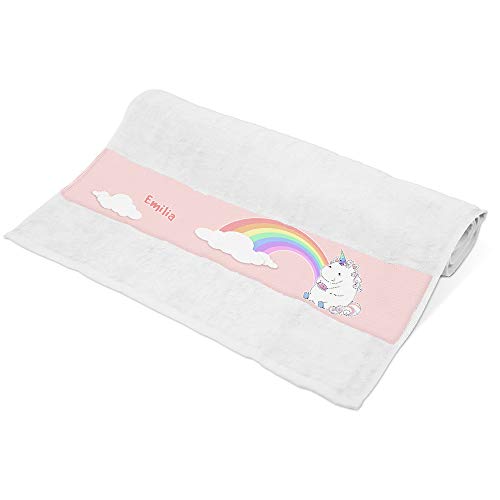 Handtuch mit Namen Emilia und Einhorn-Motiv mit Regenbogen und Donut | Kinder-Handtuch Bedruckt | Farbe: Weiß | 50 x 100cm von Eurofoto