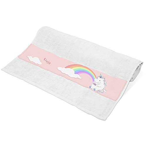 Handtuch mit Namen Finja und Einhorn-Motiv mit Regenbogen und Donut | Kinder-Handtuch Bedruckt | Farbe: Weiß | 50 x 100cm von Eurofoto