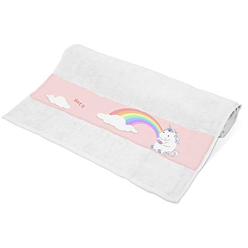 Handtuch mit Namen Nora und Einhorn-Motiv mit Regenbogen und Donut | Kinder-Handtuch Bedruckt | Farbe: Weiß | 50 x 100cm von Eurofoto