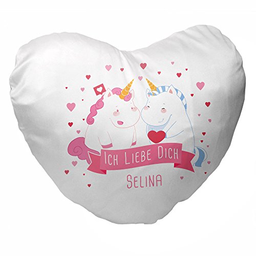 Herz-Kissen mit Namen Selina und Einhorn-Motiv mit Herz für Verliebte zum Valentinstag | Valentinstagsgeschenk | Kuschelkissen | Schmusekissen von Eurofoto