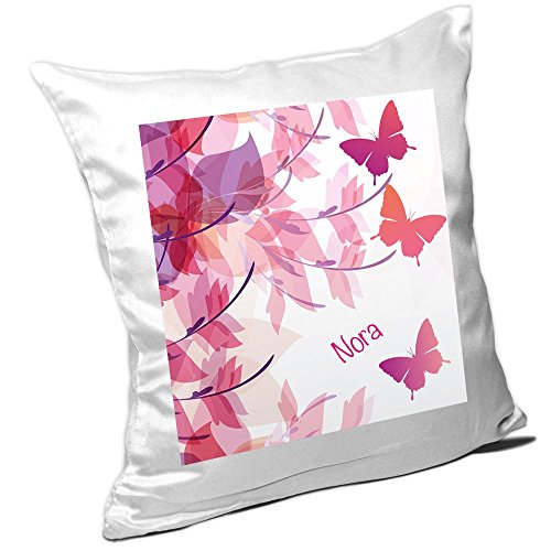 Eurofoto Kissen mit Namen Nora und schönem Motiv mit Schmetterlingen für Mädchen - Namenskissen personalisiert - Kuschelkissen - Schmusekissen von Eurofoto