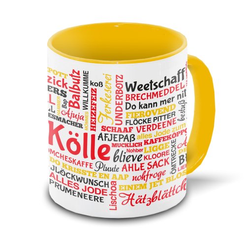 Köln-Tasse Tagcloud - weiß/gelb - Tasse mit typischen Wörtern im Kölner Dialekt | Keramik-Tasse mit 330 ml Inhalt von Eurofoto