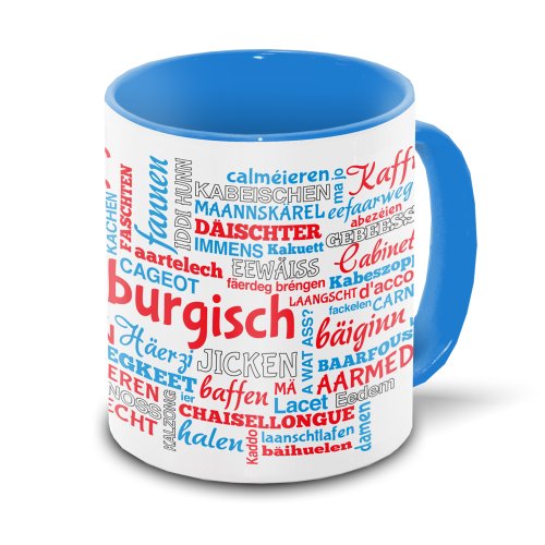 Luxemburg-Tasse Tagcloud - weiß/blau - Tasse mit typischen Wörtern im Luxemburger Dialekt | Keramik-Tasse mit 330 ml Inhalt von Eurofoto