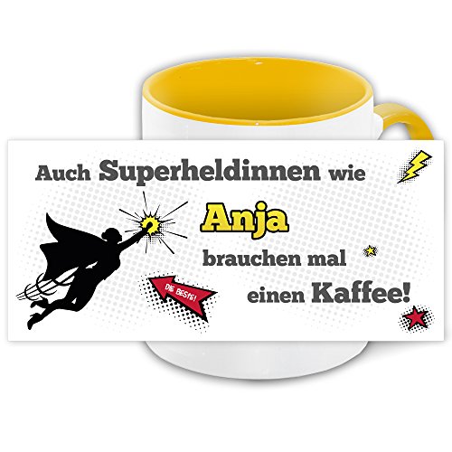 Namens-Tasse Anja mit Superheldinnen-Motiv für Kaffeetrinker, gelb/weiss von Eurofoto