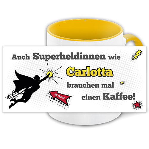 Namens-Tasse Carlotta mit Superheldinnen-Motiv für Kaffeetrinker, gelb/weiss von Eurofoto
