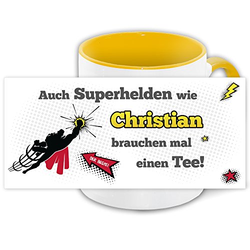 Namens-Tasse Christian mit Superhelden-Motiv für Teetrinker, gelb/weiss von Eurofoto