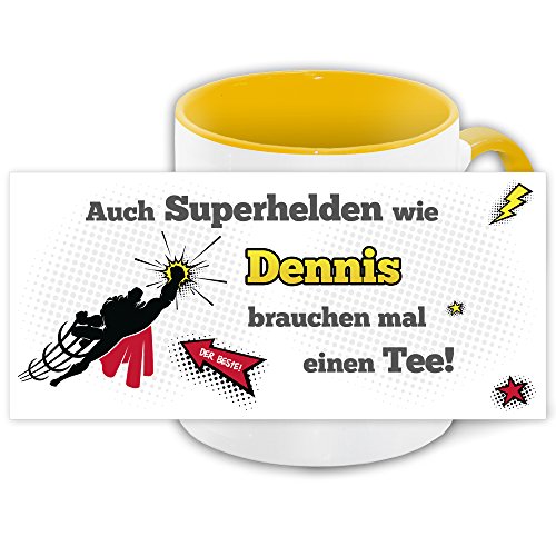 Namens-Tasse Dennis mit Superhelden-Motiv für Teetrinker, gelb/weiss von Eurofoto