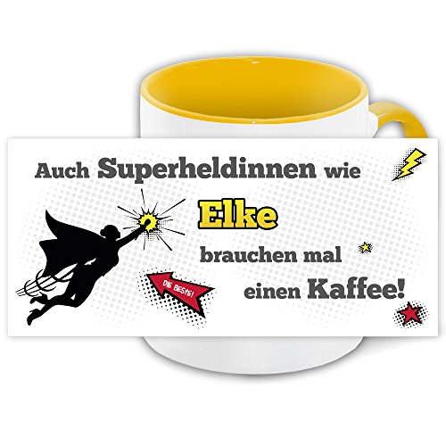 Namens-Tasse Elke mit Superheldinnen-Motiv für Kaffeetrinker, gelb/weiss von Eurofoto