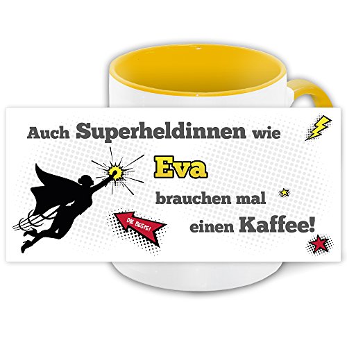 Namens-Tasse Eva mit Superheldinnen-Motiv für Kaffeetrinker, gelb/weiss von Eurofoto