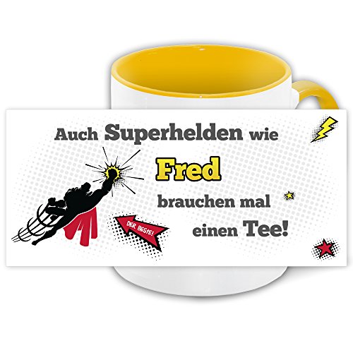 Namens-Tasse Fred mit Superhelden-Motiv für Teetrinker, gelb/weiss von Eurofoto