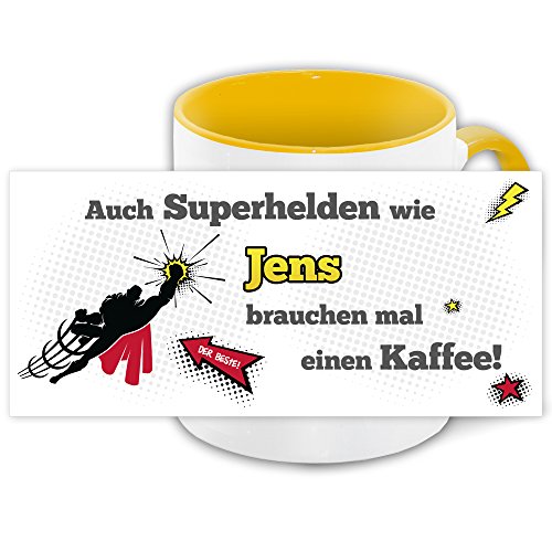 Namens-Tasse Jens mit Superhelden-Motiv für Kaffeetrinker, gelb/weiss von Eurofoto