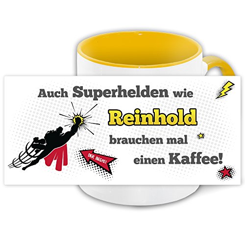 Namens-Tasse Reinhold mit Superhelden-Motiv für Kaffeetrinker, gelb/weiss von Eurofoto