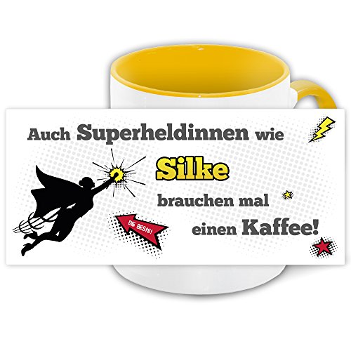 Namens-Tasse Silke mit Superheldinnen-Motiv für Kaffeetrinker, gelb/weiss von Eurofoto