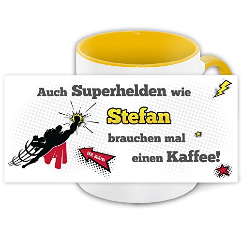Namens-Tasse Stefan mit Superhelden-Motiv für Kaffeetrinker, gelb/weiss von Eurofoto