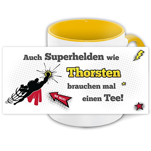 Namens-Tasse Thorsten mit Superhelden-Motiv für Teetrinker, gelb/weiss von Eurofoto