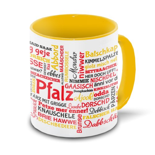 Pfalz-Tasse Tagcloud - weiß/gelb - Tasse mit typischen Wörtern im pfälzischen Dialekt | Keramik-Tasse mit 330 ml Inhalt von Eurofoto
