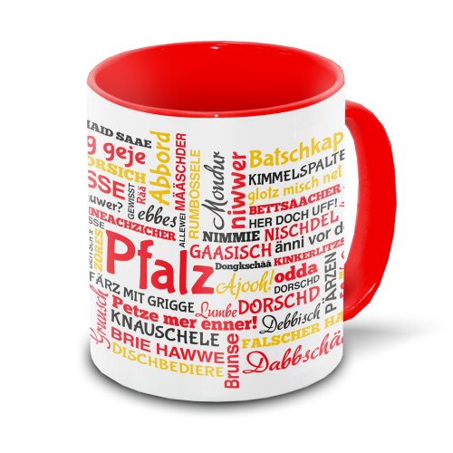 Pfalz-Tasse Tagcloud - weiß/rot - Tasse mit typischen Wörtern im pfälzischen Dialekt | Keramik-Tasse mit 330 ml Inhalt von Eurofoto