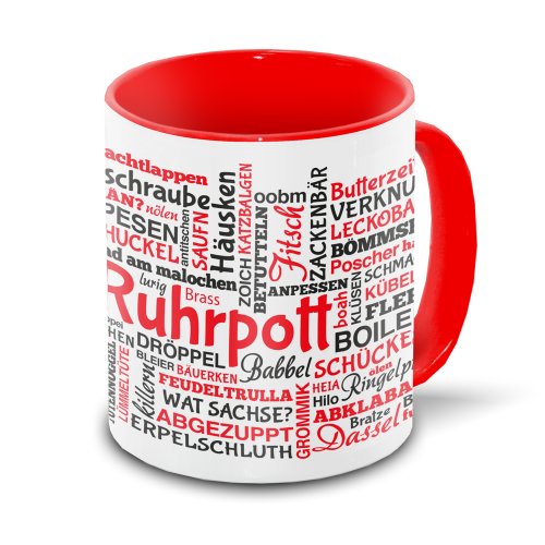 Ruhrpott-Tasse Tagcloud - weiß/rot - Tasse mit typischen Wörtern im Ruhrpott Dialekt von Eurofoto