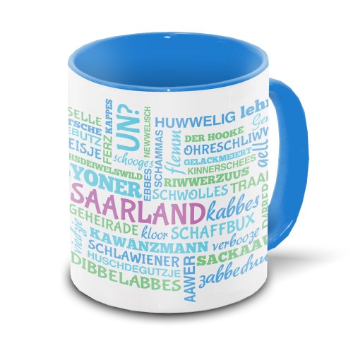 Saarland-Tasse mit typischen Wörtern im saarländischen Dialekt | Tagcloud – weiß/blau | Keramik-Tasse mit 330 ml Inhalt von Eurofoto