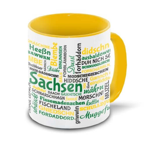 Sachsen-Tasse Tagcloud - weiß/gelb - Tasse mit typischen Wörtern im sächsischen Dialekt | Keramik-Tasse mit 330 ml Inhalt von Eurofoto