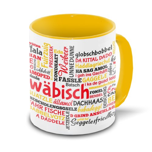 Schwaben-Tasse Tagcloud - weiß/gelb - Tasse mit typischen Wörtern im schwäbischen Dialekt | Keramik-Tasse mit 330 ml Inhalt von Eurofoto