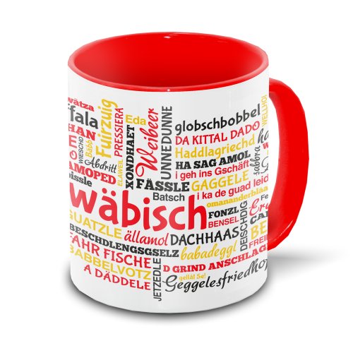 Schwaben-Tasse Tagcloud - weiß/rot - Tasse mit typischen Wörtern im schwäbischen Dialekt von Eurofoto