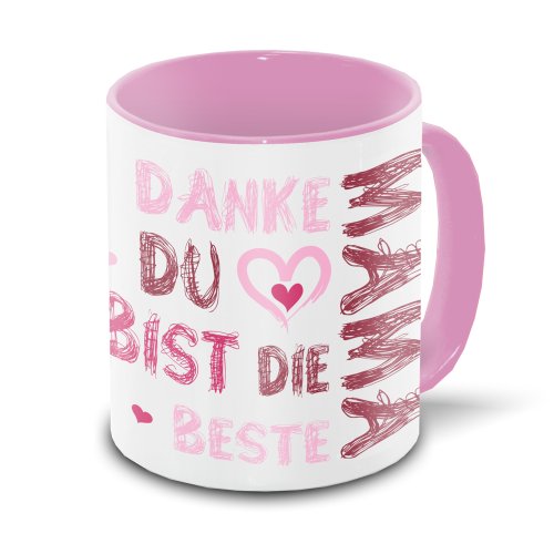 Tasse mit Motiv Danke in Kritzelschrift rosa/weiß zum Muttertag von Eurofoto