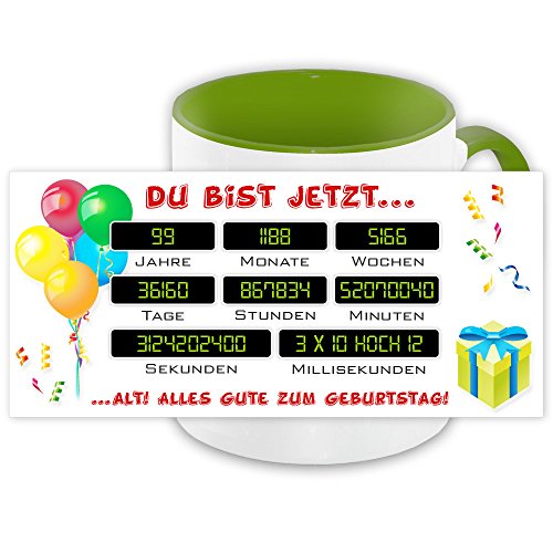Tasse mit Motiv zum 99. Geburtstag mit Zahlen in Monaten, Wochen, Tagen, Minuten usw. | Geburtstags-Tasse von Eurofoto