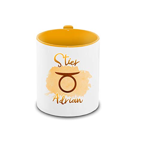 Tasse mit Namen Adrian und Sternzeichen-Motiv Stier im Lettering-Stil | Keramik-Tasse gelb | Astrologie-Geschenk von Eurofoto