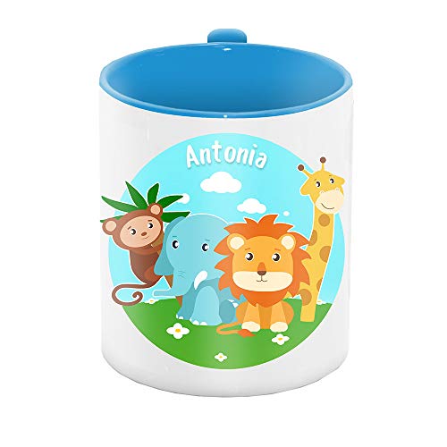 Tasse mit Namen Antonia und Zoo-Motiv mit Tieren für Mädchen | Keramik-Tasse grün | Kinder-Tasse von Eurofoto