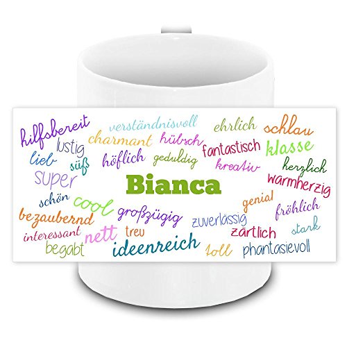 Tasse mit Namen Bianca und positiven Eigenschaften in Schreibschrift, weiss | Freundschafts-Tasse - Namens-Tasse von Eurofoto