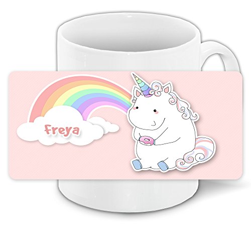 Tasse mit Namen Freya und süßem Motiv - Einhorn mit Donut und Regenbogen - für Mädchen | Motiv-Tasse | Namenstasse von Eurofoto