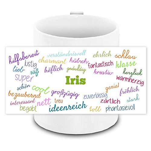 Tasse mit Namen Iris und positiven Eigenschaften in Schreibschrift, weiss | Freundschafts-Tasse - Namens-Tasse von Eurofoto