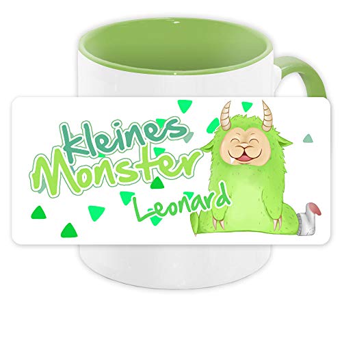 Tasse mit Namen Leonard und Motiv - Kleines Monster - für Jungen | Keramik-Tasse grün | Kinder-Tasse von Eurofoto