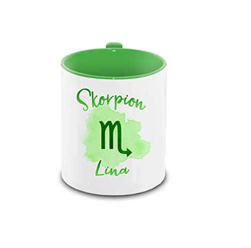 Tasse mit Namen Lina und Sternzeichen-Motiv Skorpion im Lettering-Stil | Keramik-Tasse grün | Astrologie-Geschenk von Eurofoto