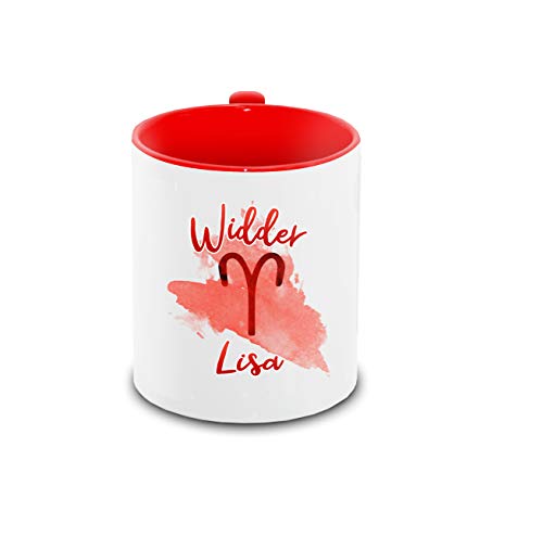 Tasse mit Namen Lisa und Sternzeichen-Motiv Widder im Lettering-Stil | Keramik-Tasse rot | Astrologie-Geschenk von Eurofoto