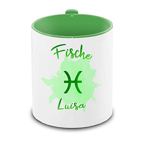 Tasse mit Namen Luisa und Sternzeichen-Motiv Fische im Lettering-Stil | Keramik-Tasse grün | Astrologie-Geschenk von Eurofoto