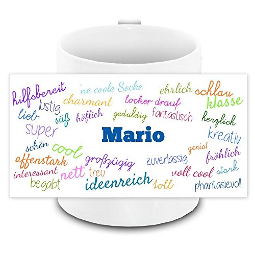 Tasse mit Namen Mario und positiven Eigenschaften in Schreibschrift, weiss | Freundschafts-Tasse - Namens-Tasse von Eurofoto