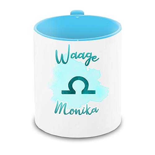 Tasse mit Namen Monika und Sternzeichen-Motiv Waage im Lettering-Stil | Keramik-Tasse hellblau | Astrologie-Geschenk von Eurofoto