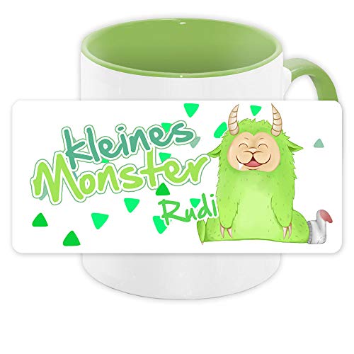 Tasse mit Namen Rudi und Motiv - Kleines Monster - für Jungen | Keramik-Tasse grün | Kinder-Tasse von Eurofoto