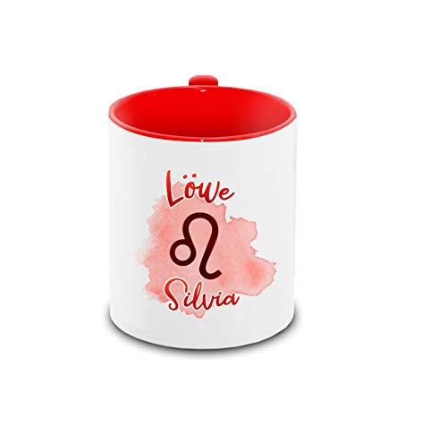 Tasse mit Namen Silvia und Sternzeichen-Motiv Löwe im Lettering-Stil | Keramik-Tasse rot | Astrologie-Geschenk von Eurofoto