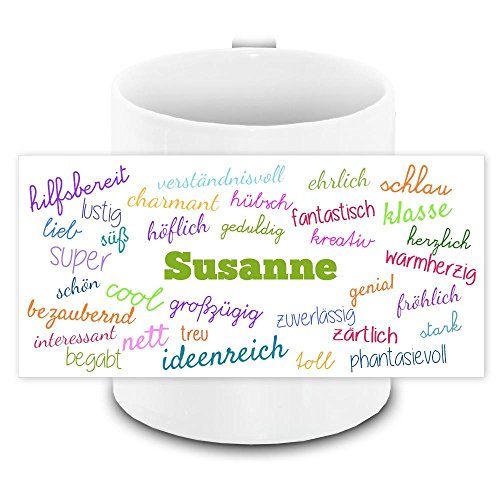 Tasse mit Namen Susanne und positiven Eigenschaften in Schreibschrift, weiss | Freundschafts-Tasse - Namens-Tasse von Eurofoto