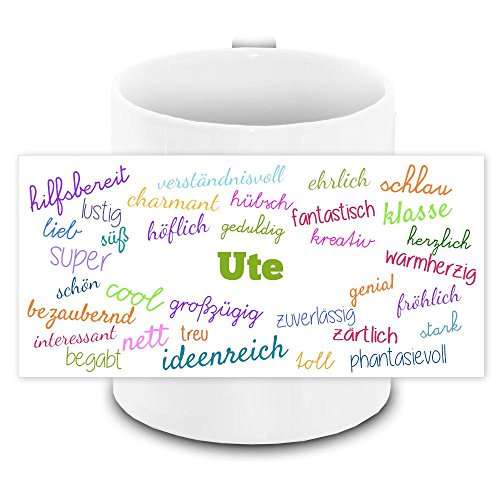 Tasse mit Namen Ute und positiven Eigenschaften in Schreibschrift, weiss | Freundschafts-Tasse - Namens-Tasse von Eurofoto
