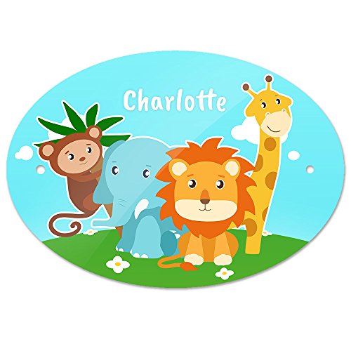 Türschild mit Namen Charlotte und schönem Tier-Motiv mit Affe, Elefant, Löwe und Giraffe für Mädchen | Kinderzimmer-Schild von Eurofoto