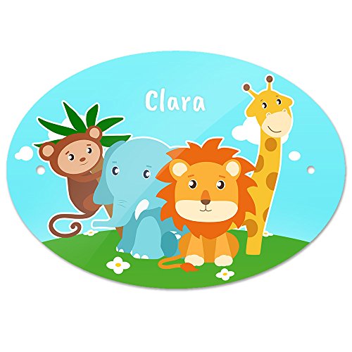 Türschild mit Namen Clara und schönem Tier-Motiv mit Affe, Elefant, Löwe und Giraffe für Mädchen | Kinderzimmer-Schild von Eurofoto