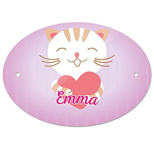 Türschild mit Namen Emma und Motiv Katze mit Herz | Kinderzimmer-Schild von Eurofoto