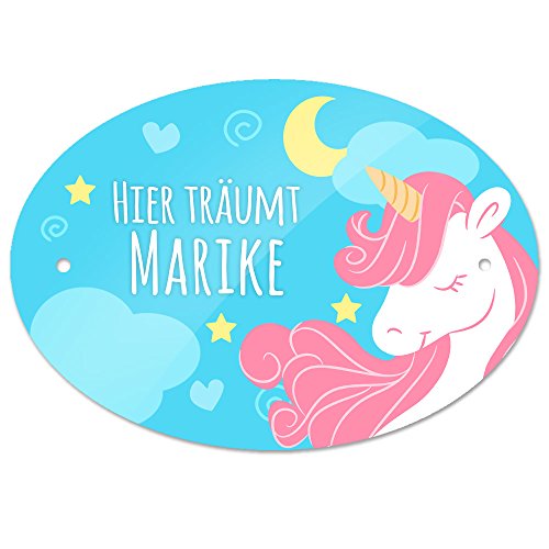 Türschild mit Namen - Hier träumt Marike - und Einhorn-Motiv für Mädchen | Kinderzimmer-Schild von Eurofoto